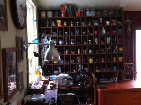 A corner of my red room, with headset and microphone.