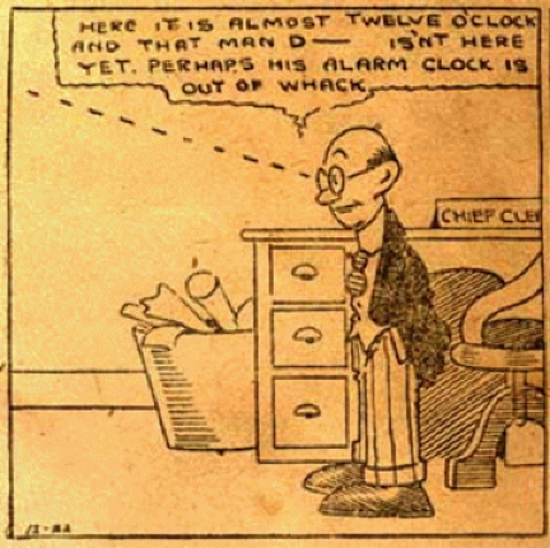 A panel from an old cartoon with an old-timey clerk and his thought-bubble.