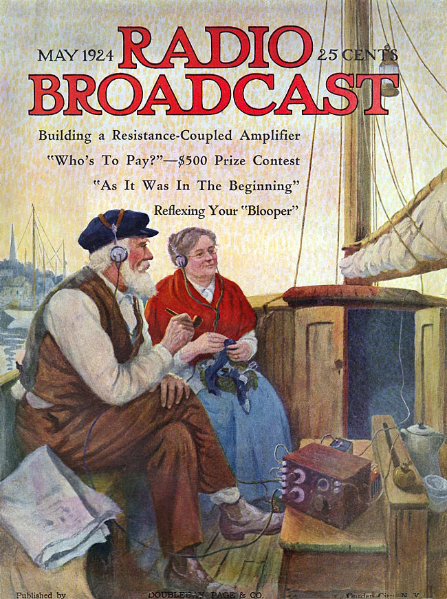 An old magazine cover showing a couple of older folk -- which is us, now -- sitting on the deck of a boat, listening to the radio.