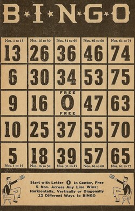 An old-time Bingo card.