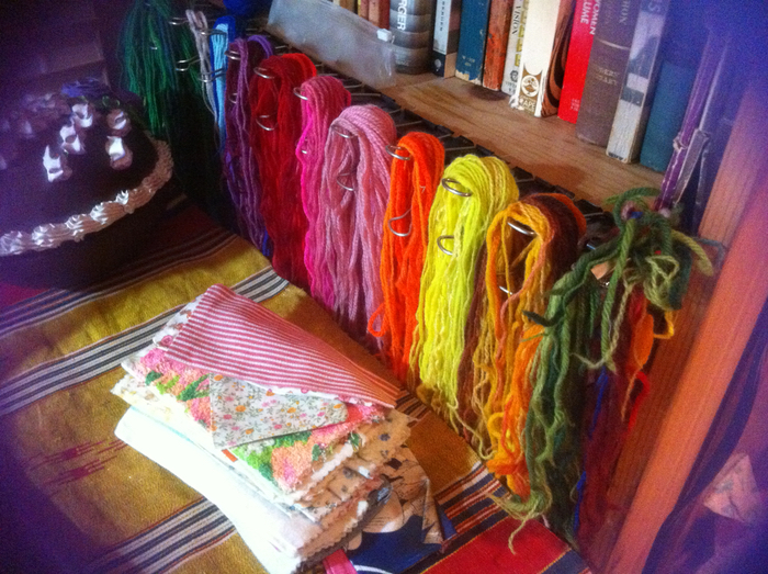 Some of my threads, organized by color and held in place with alligator clips.