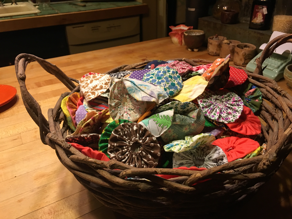 A pretty basket full of my mother's yo-yos.