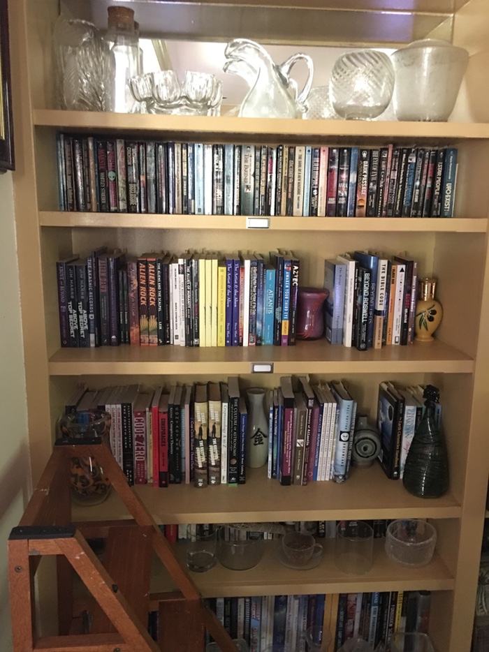 The A-D section of books for sale in the Eleusinian Cafe.